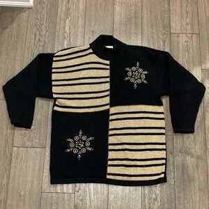Vintage 90s Black and Gold Stripe Jeweled Holiday Sweater Size L